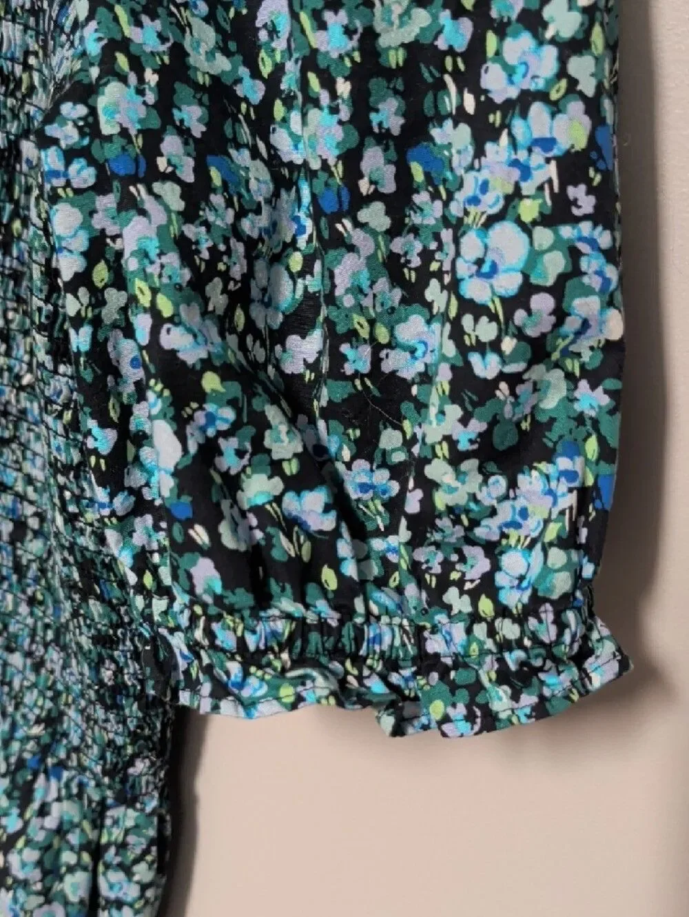 J. Crew Smocked Square-Neck Floral Top in Teal and Black